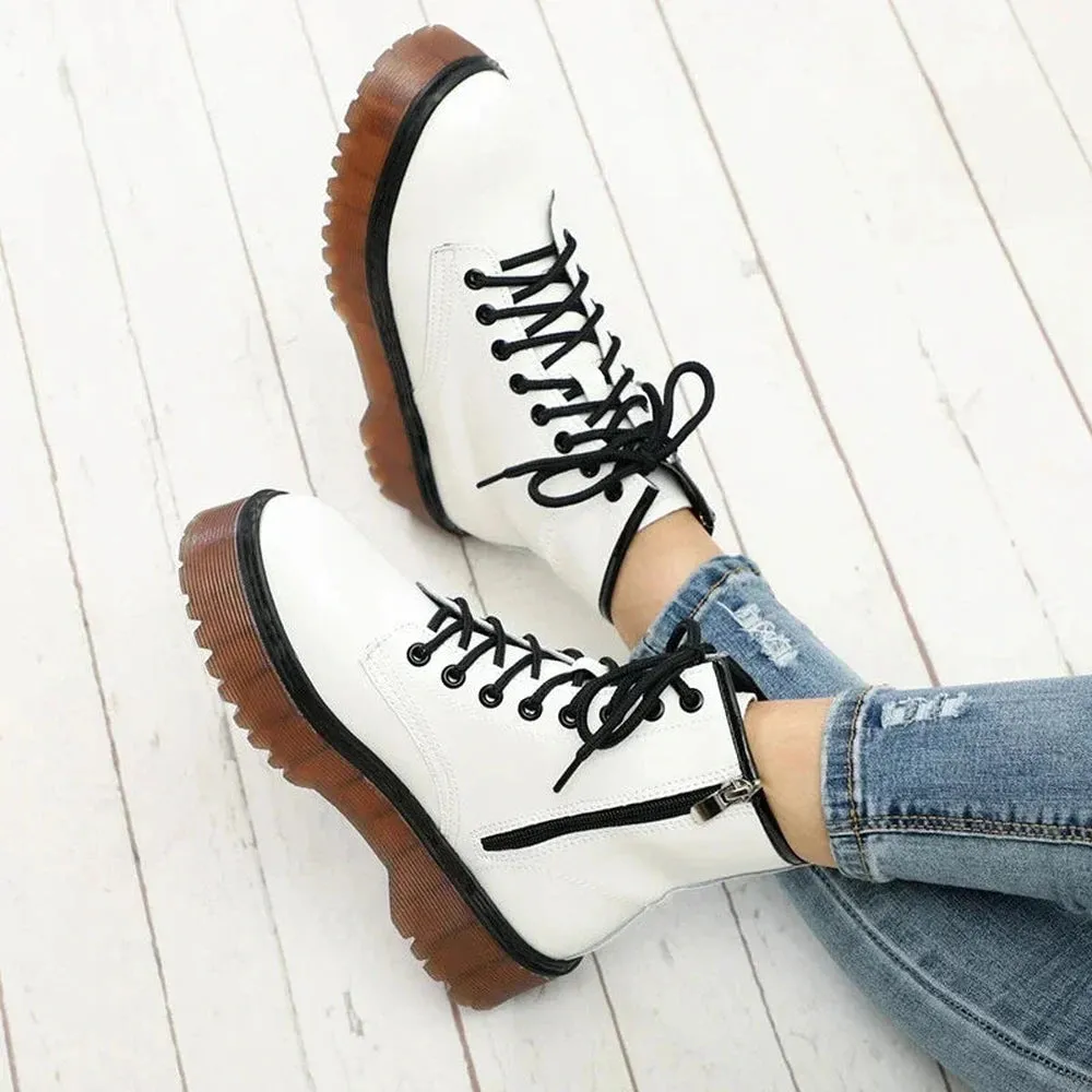 Merendy Sahra Round Toe Platform Lace-Up White Victorian Boots