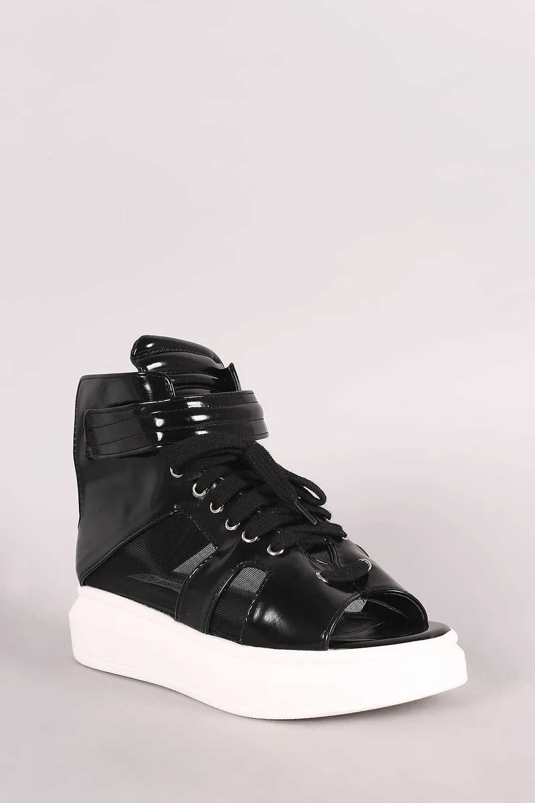 Open Toe Mesh Inset Lace Up High Top Flatform Sneaker