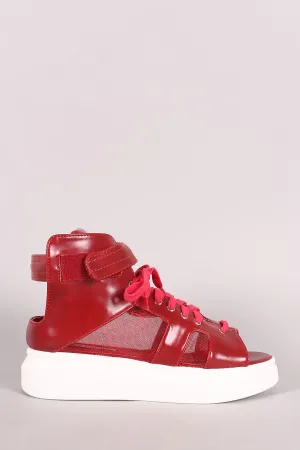 Open Toe Mesh Inset Lace Up High Top Flatform Sneaker