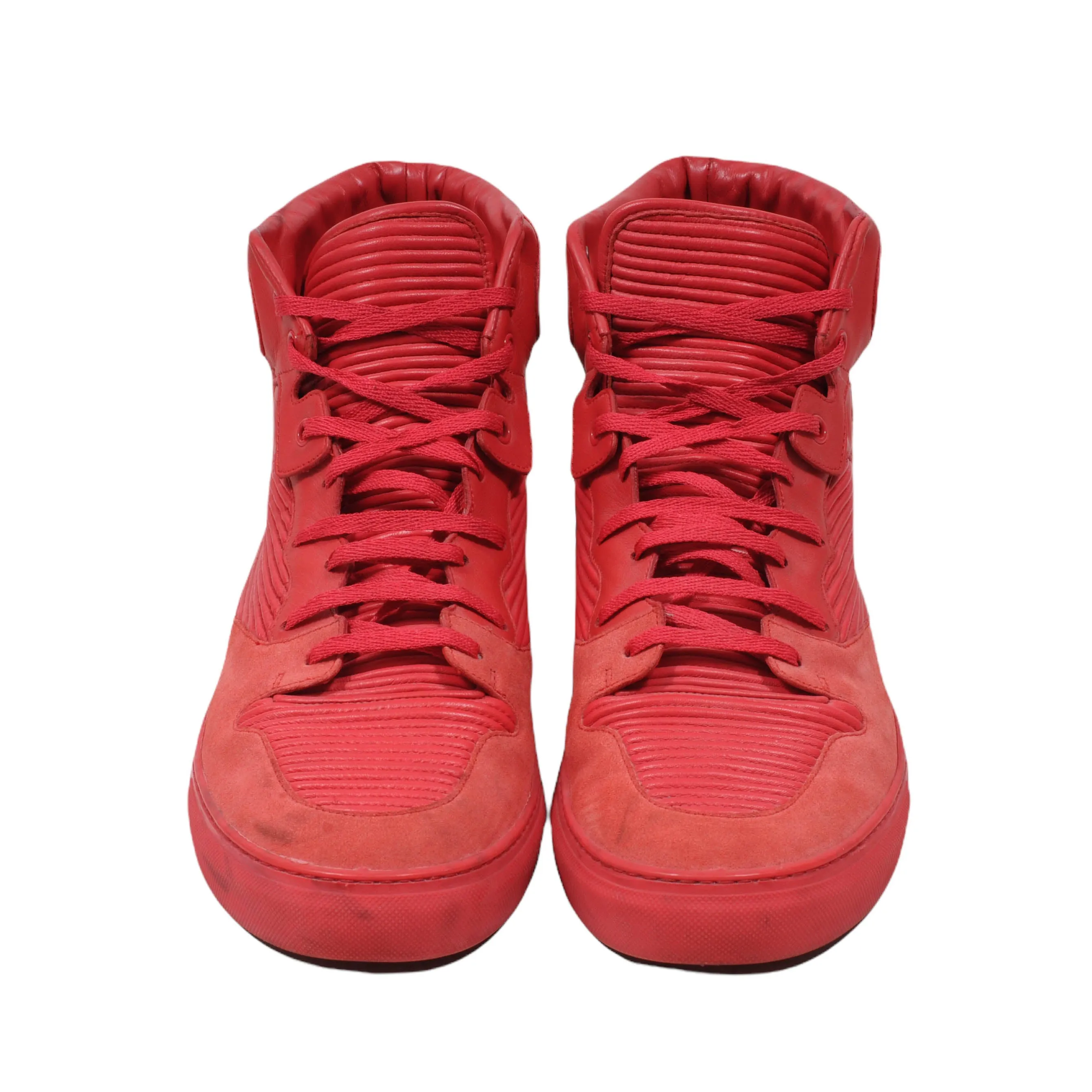 Red Pleated Leather Suede High Top Sneakers