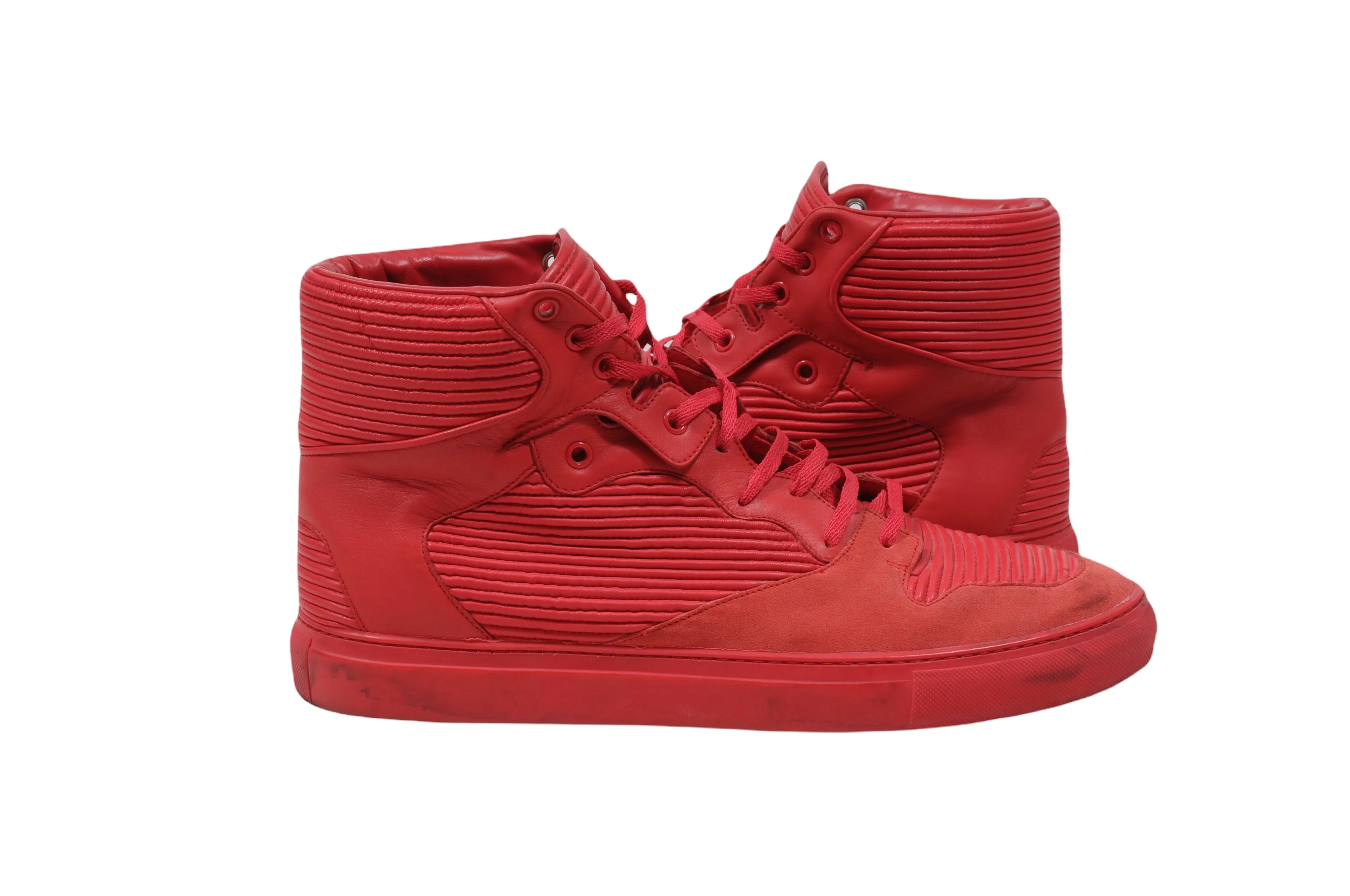 Red Pleated Leather Suede High Top Sneakers