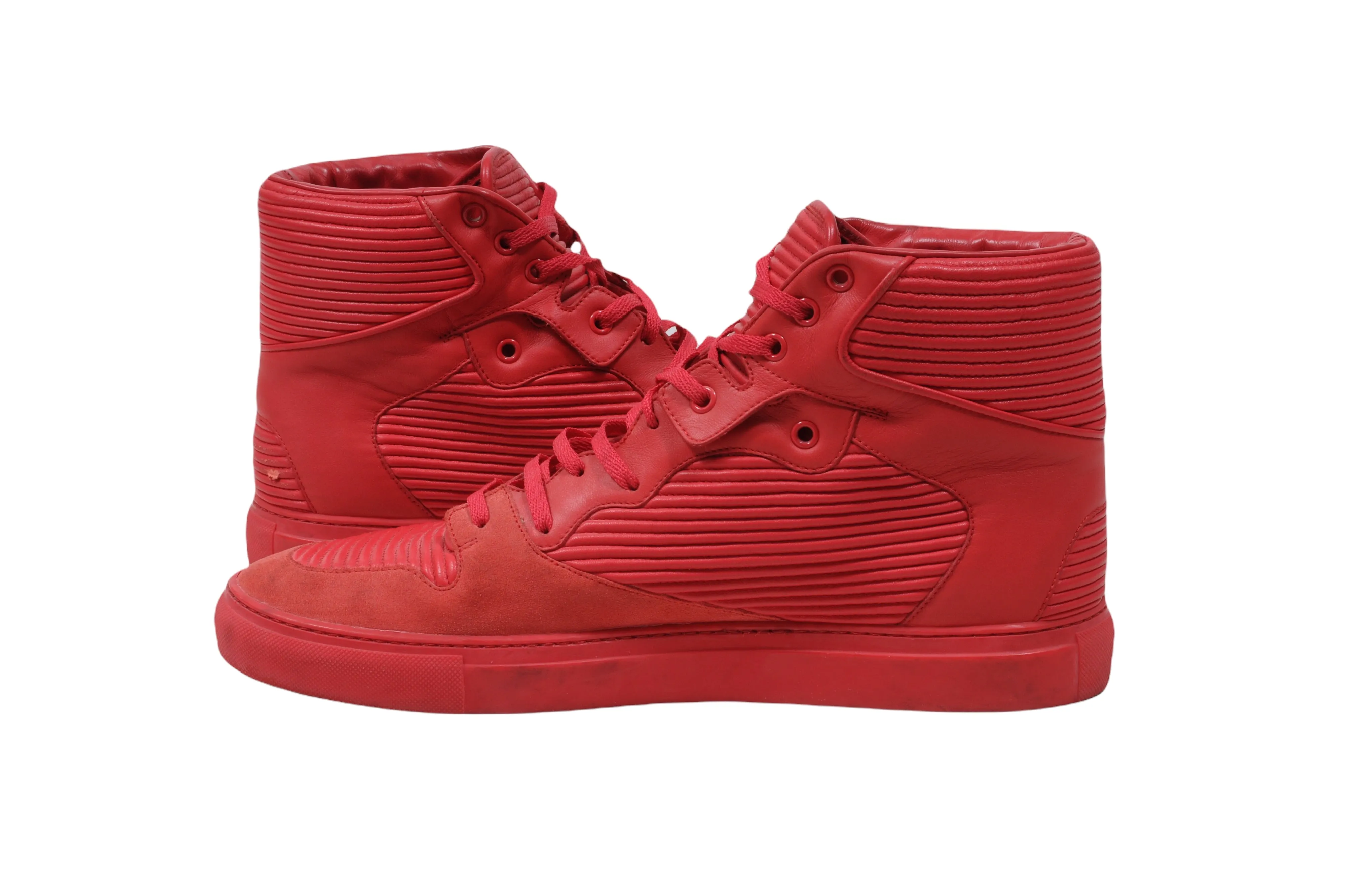 Red Pleated Leather Suede High Top Sneakers