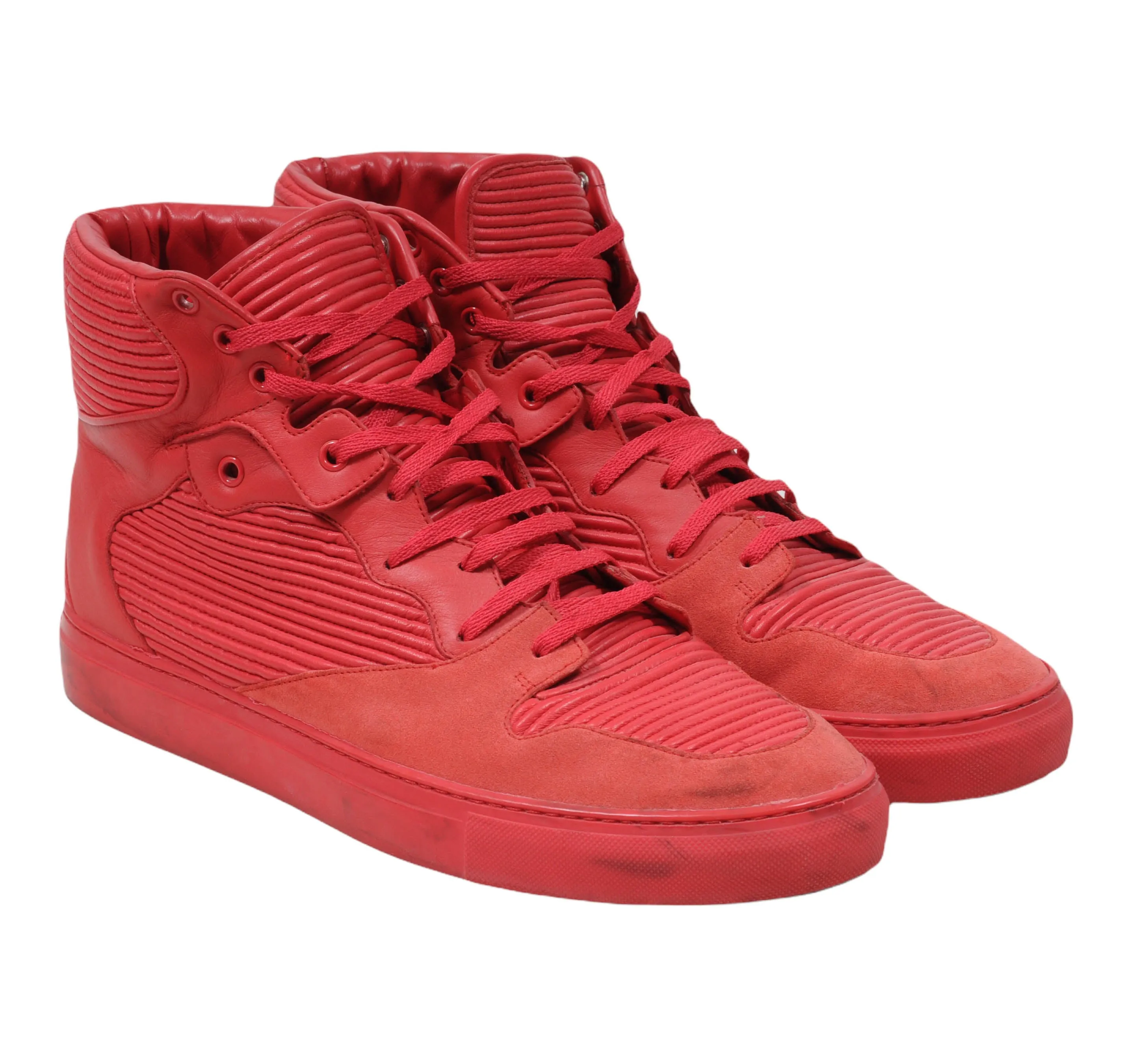 Red Pleated Leather Suede High Top Sneakers