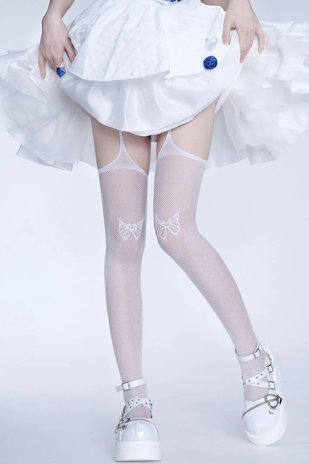 White Bowknot Pattern Fishnet Suspender Tights
