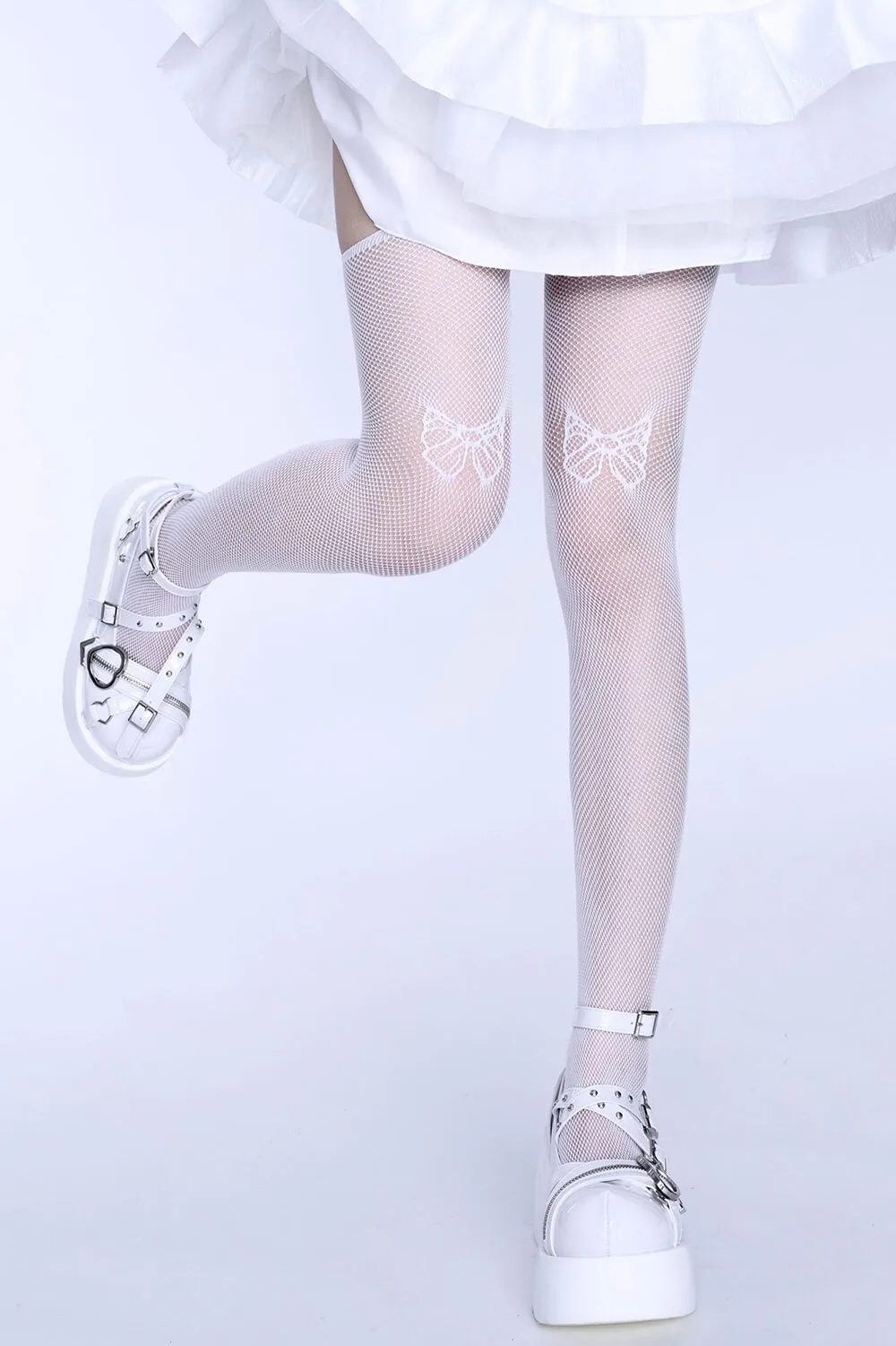 White Bowknot Pattern Fishnet Suspender Tights