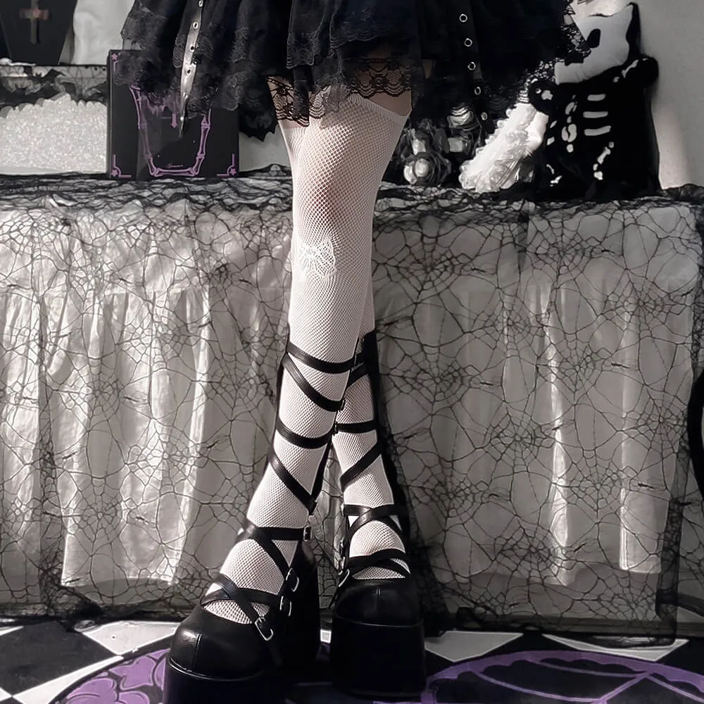 White Bowknot Pattern Fishnet Suspender Tights