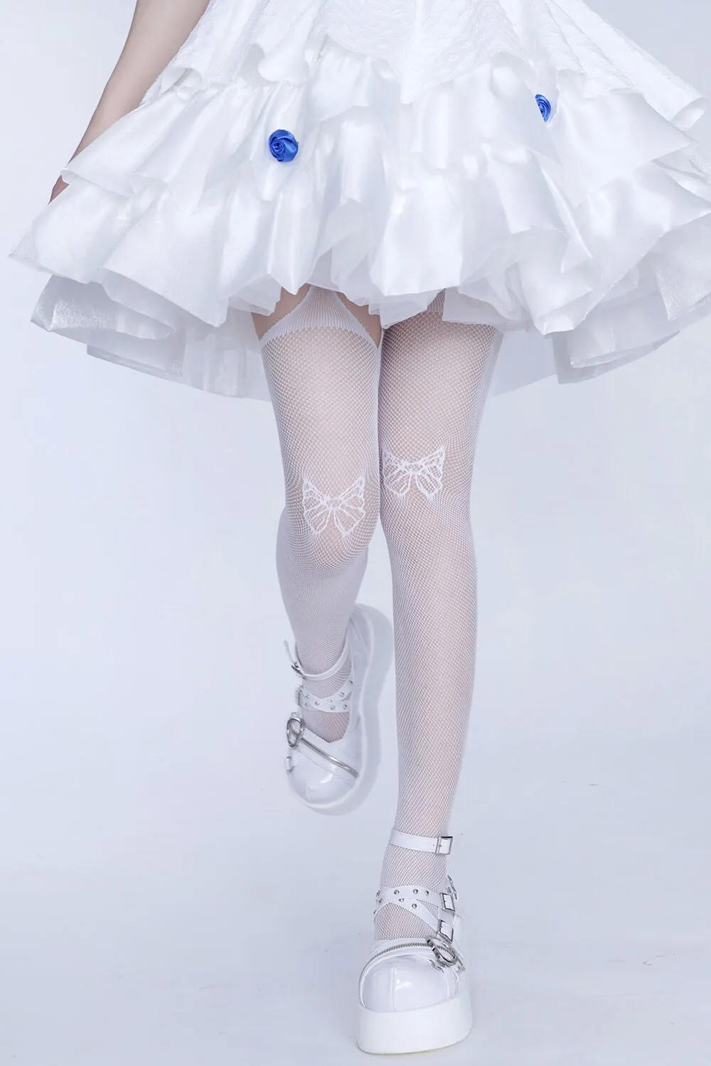 White Bowknot Pattern Fishnet Suspender Tights