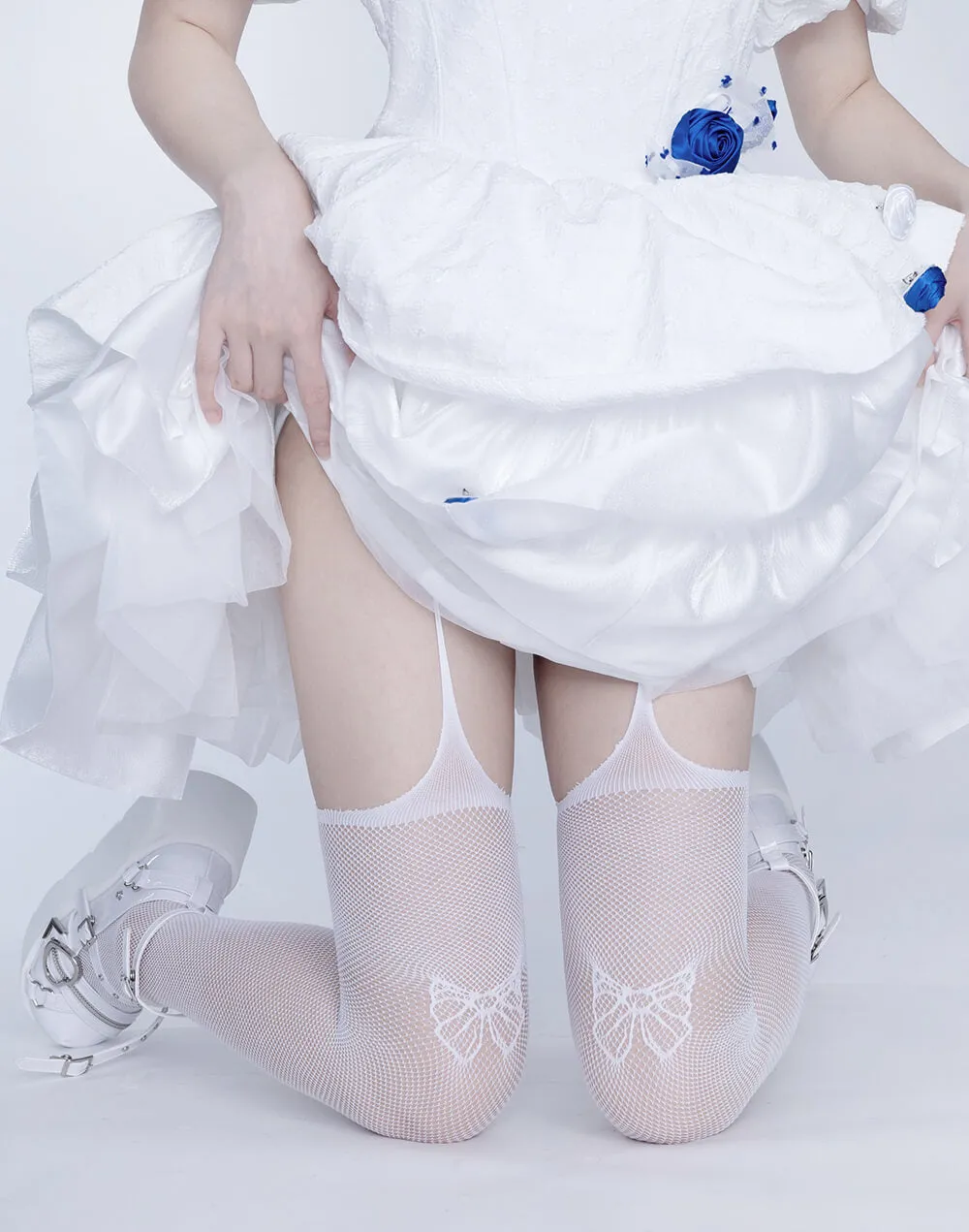 White Bowknot Pattern Fishnet Suspender Tights