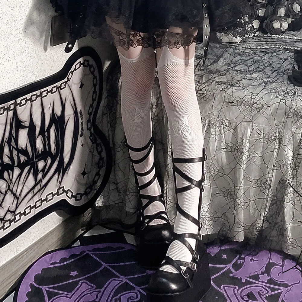 White Bowknot Pattern Fishnet Suspender Tights