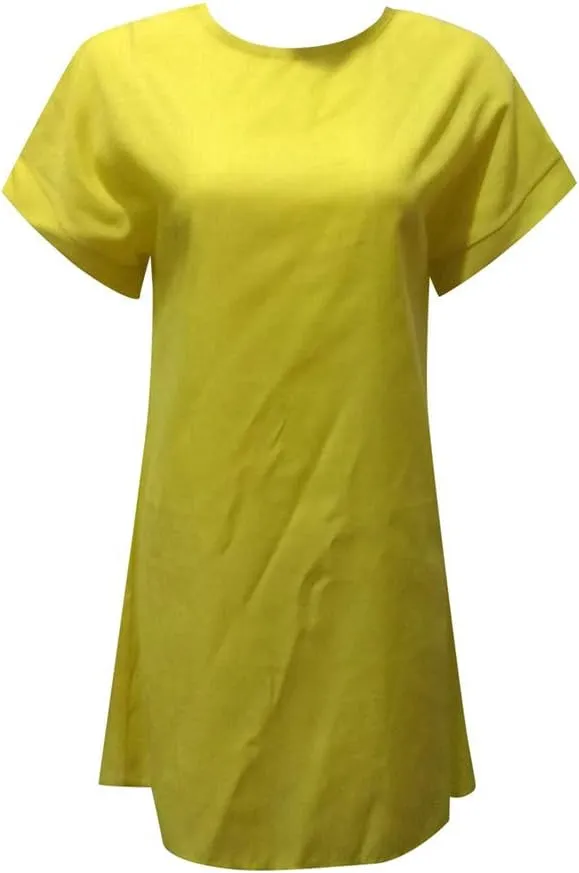 Women Summer Casual Solid Short Sleeve Dress Crew Neck Linen Dress