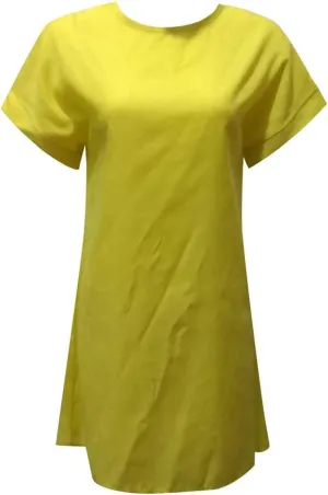 Women Summer Casual Solid Short Sleeve Dress Crew Neck Linen Dress