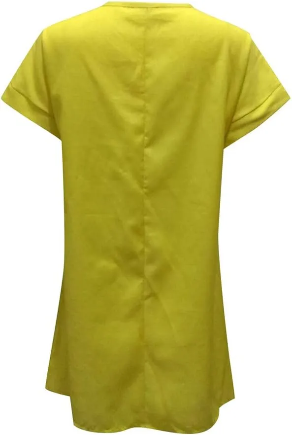 Women Summer Casual Solid Short Sleeve Dress Crew Neck Linen Dress
